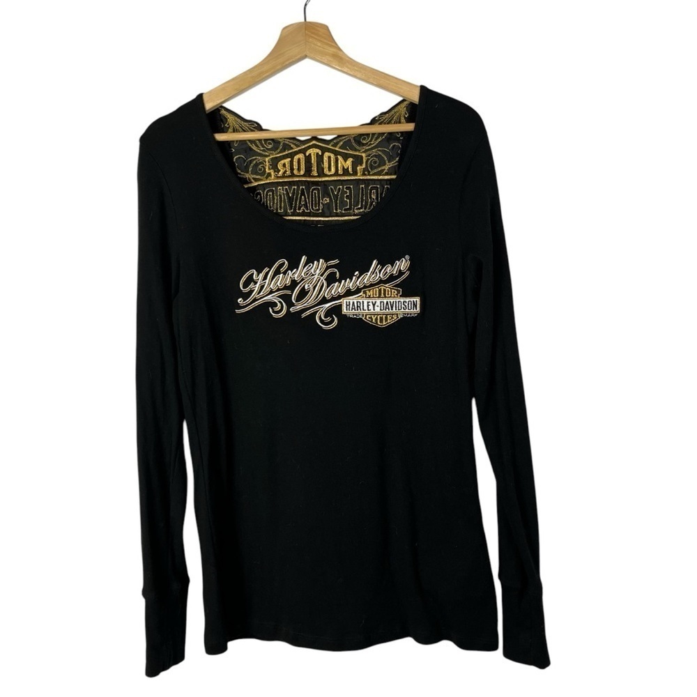 Harley Davidson Black & Yellow Embroidered Back Long Sleeve T-Shirt‎ XL